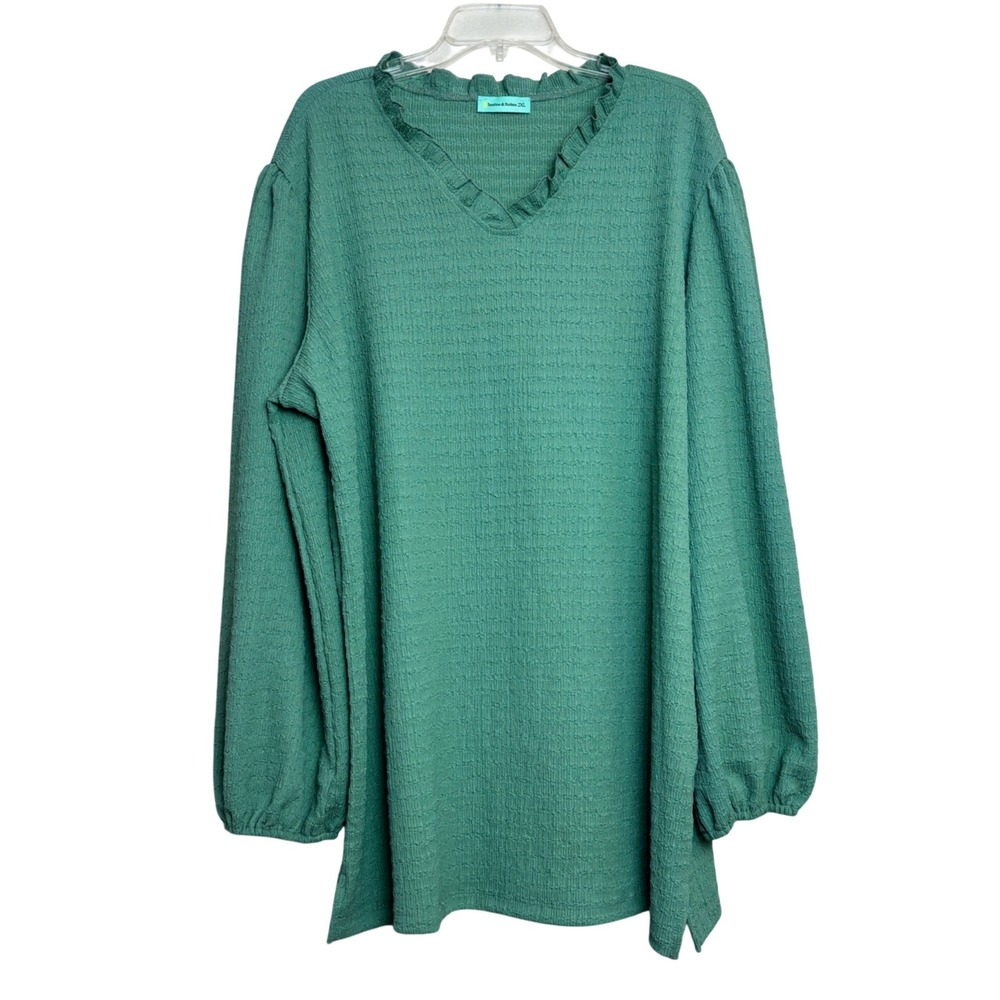 Sunshine &‎ Rodeos Tunic Top Womens 2XL Green Ruffle V-Neck Puff Peasant Cottage